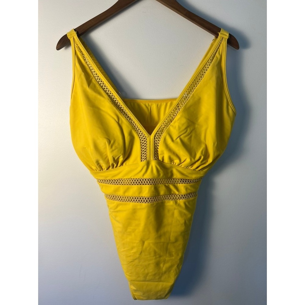 XXL Yellow‎ V-Neck Crochet Mesh Cutout One Piece Swimsuit Beach Vacation Cruise